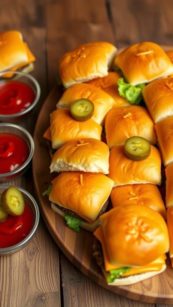 Mini Cheese Burger Sliders Recipe A delicious platter of mini cheeseburger sliders with beef patties and cheese, garnished with lettuce and tomato, on a rustic table.
